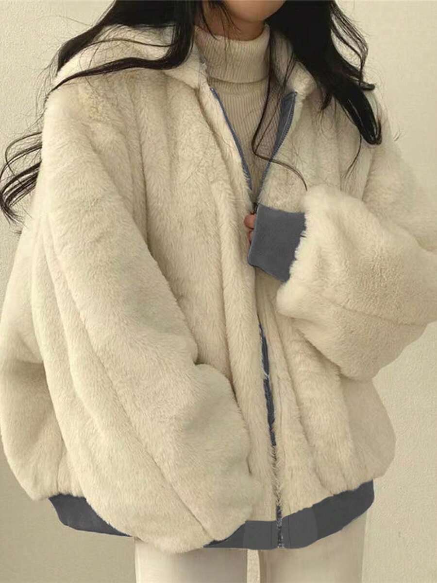 Women's Oversized Hooded Parka With Faux Fur Collar, Slimming Silhouette, Dual-Sided Wear, Daily Street Style, Short Jacket For Autumn/Winter