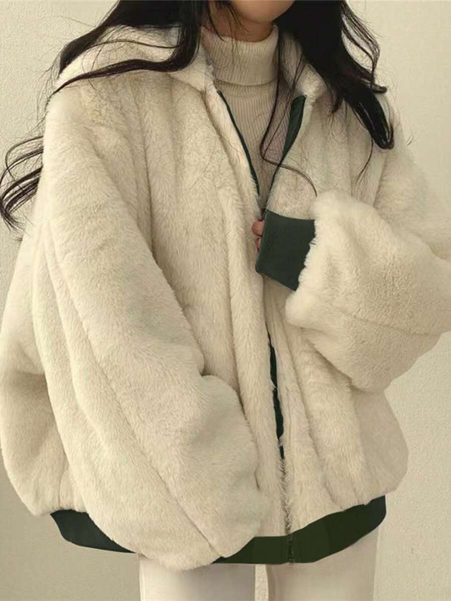 Women's Oversized Hooded Parka With Faux Fur Collar, Slimming Silhouette, Dual-Sided Wear, Daily Street Style, Short Jacket For Autumn/Winter