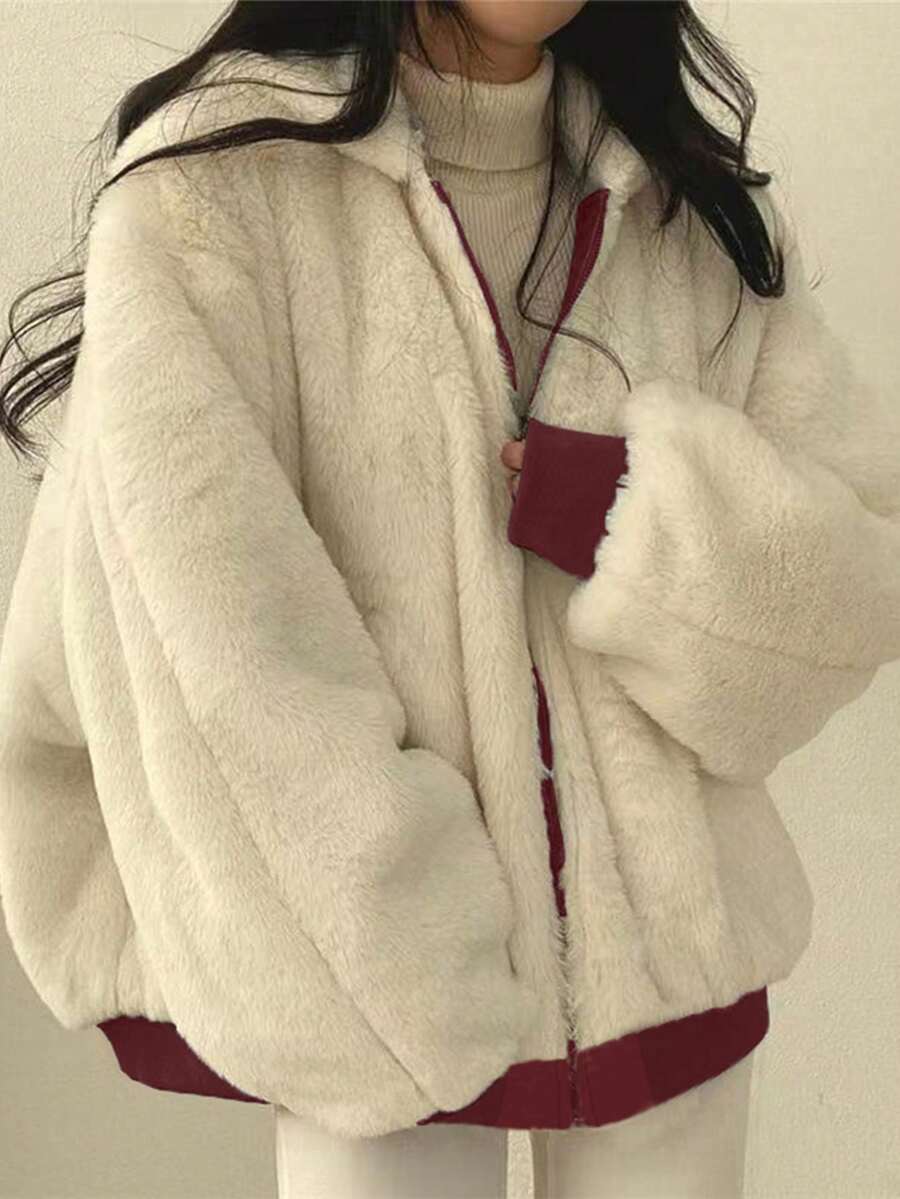 Women's Oversized Hooded Parka With Faux Fur Collar, Slimming Silhouette, Dual-Sided Wear, Daily Street Style, Short Jacket For Autumn/Winter