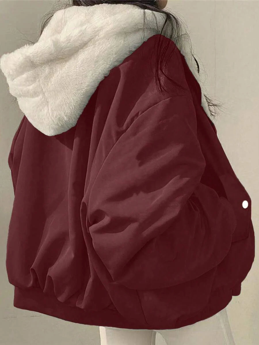 Women's Oversized Hooded Parka With Faux Fur Collar, Slimming Silhouette, Dual-Sided Wear, Daily Street Style, Short Jacket For Autumn/Winter