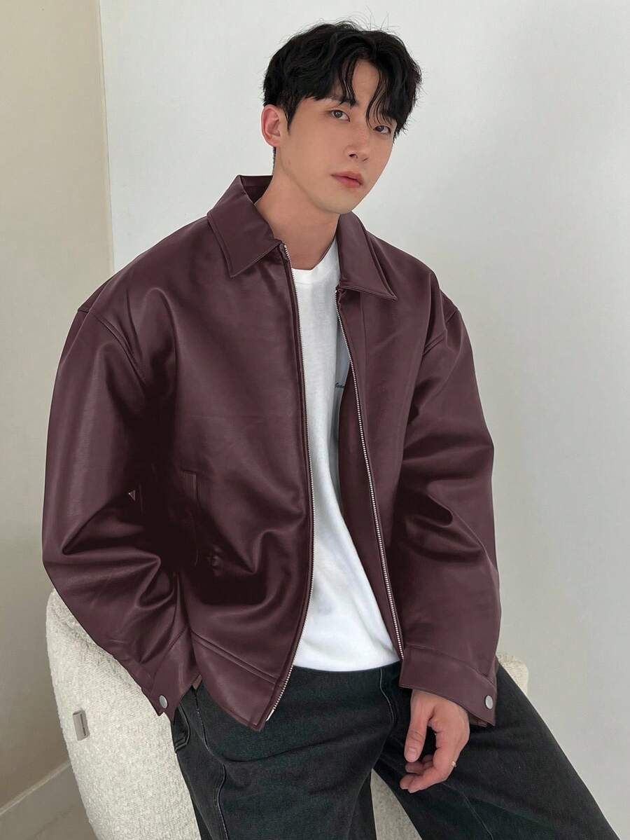 DAZY 1pc Men Plain Black Faux Leather Jacket For Autumn, Grunge