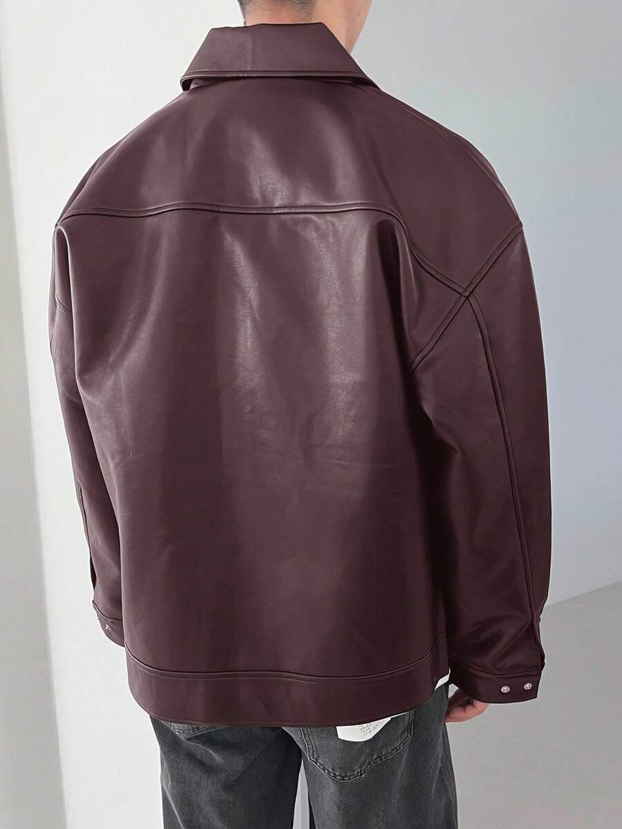 DAZY 1pc Men Plain Black Faux Leather Jacket For Autumn, Grunge