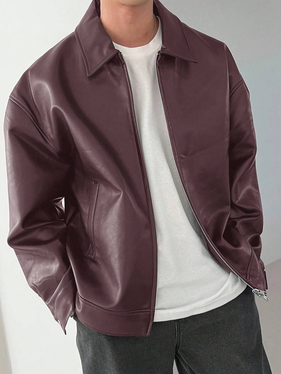 DAZY 1pc Men Plain Black Faux Leather Jacket For Autumn, Grunge