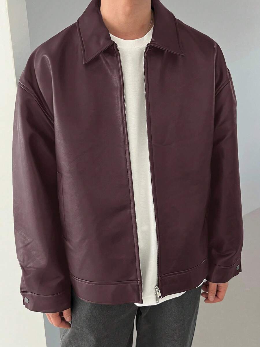 DAZY 1pc Men Plain Black Faux Leather Jacket For Autumn, Grunge