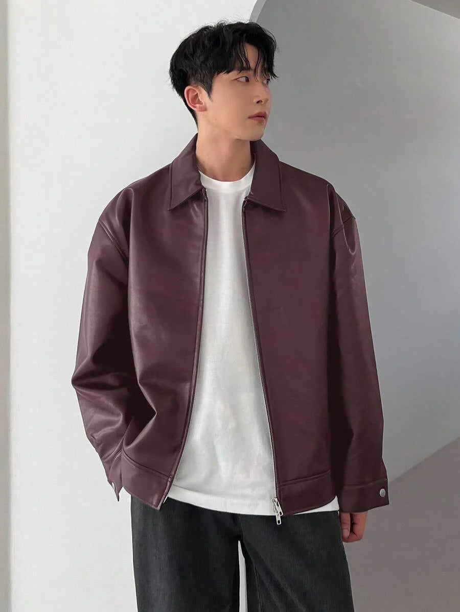 DAZY 1pc Men Plain Black Faux Leather Jacket For Autumn, Grunge