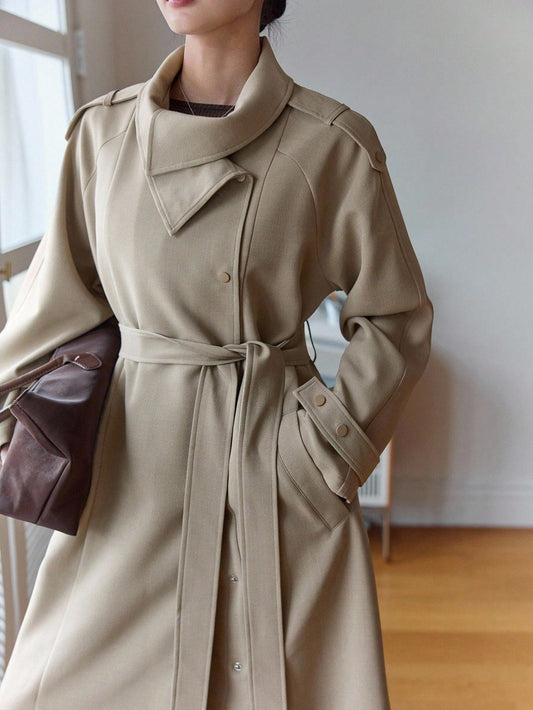 DAZY Women's Vintage Coin Decor Lapel Belt Waist Long Casual Trench Coat