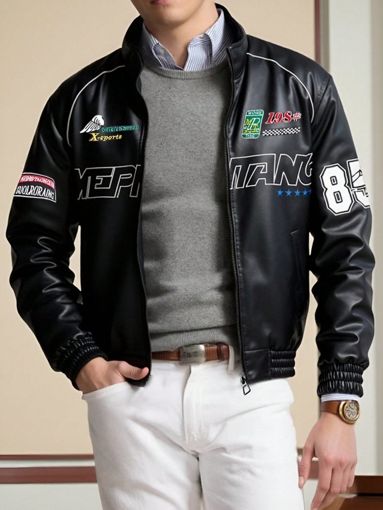 Men's Embroidered Racing Style Fashion Casual Stand Collar Leather Jacket, Spring/Autumn, Grunge