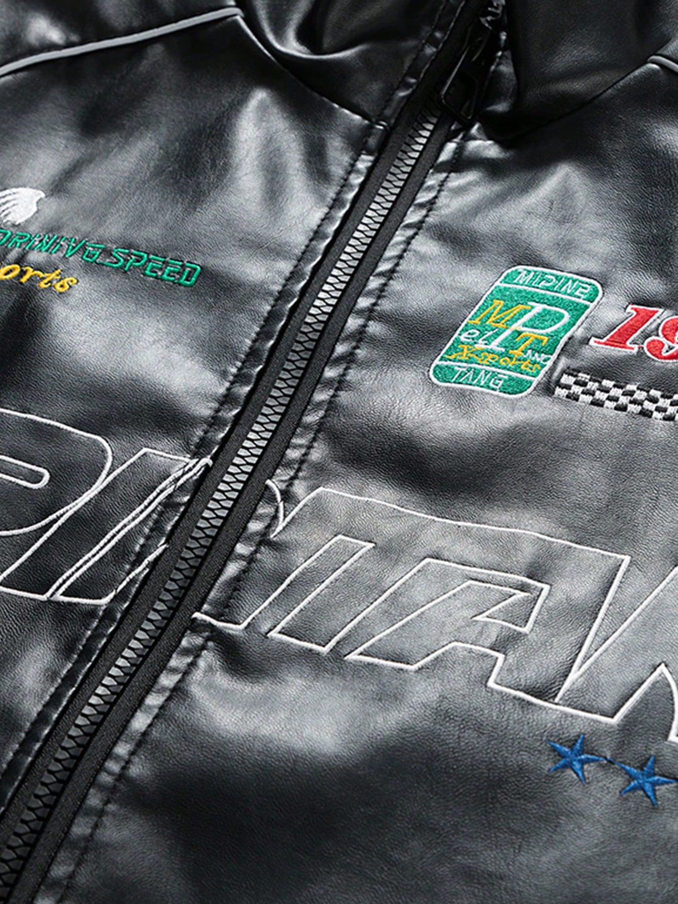 Men's Embroidered Racing Style Fashion Casual Stand Collar Leather Jacket, Spring/Autumn, Grunge