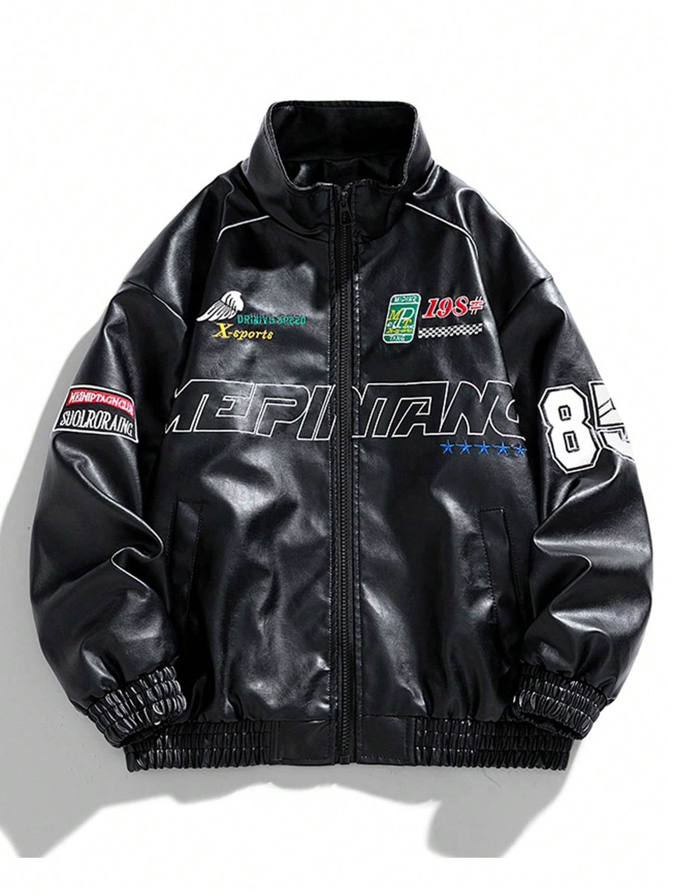 Men's Embroidered Racing Style Fashion Casual Stand Collar Leather Jacket, Spring/Autumn, Grunge