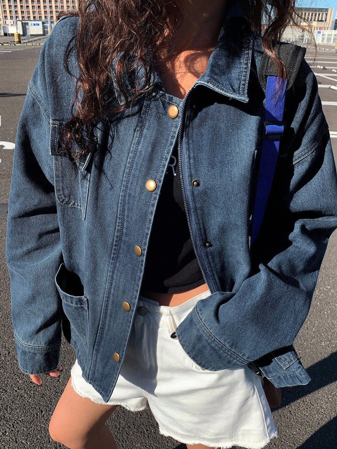 DAZY Women's Loose Fit Denim Jacket With Collar And Large Pockets