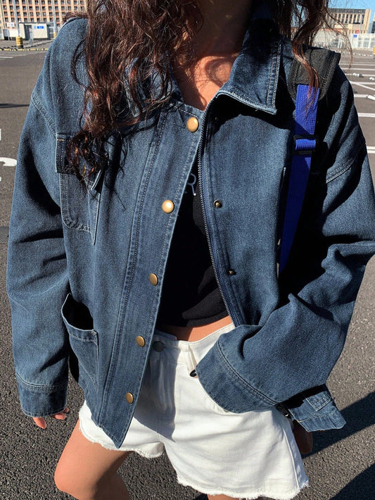 DAZY Women's Loose Fit Denim Jacket With Collar And Large Pockets