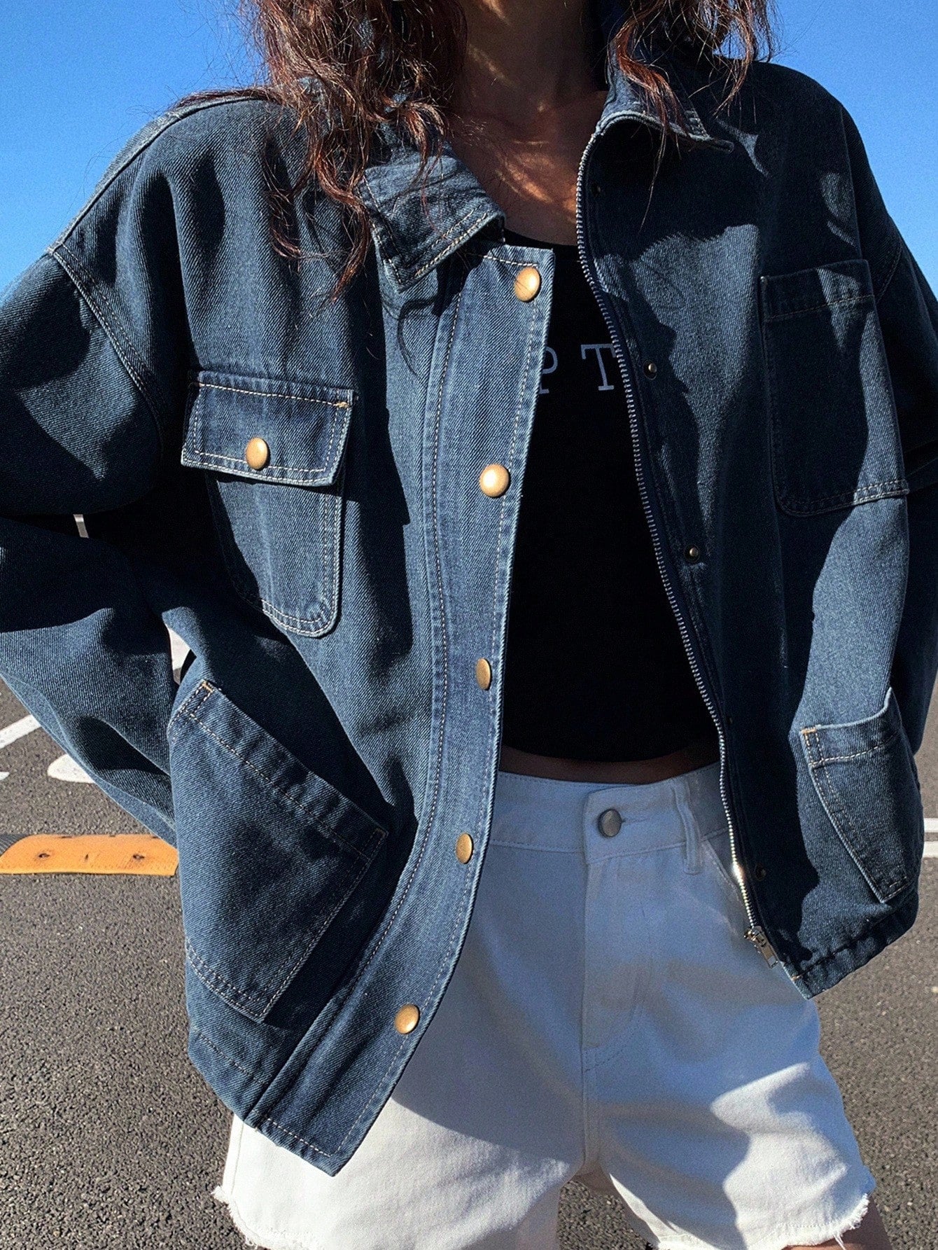 DAZY Women's Loose Fit Denim Jacket With Collar And Large Pockets