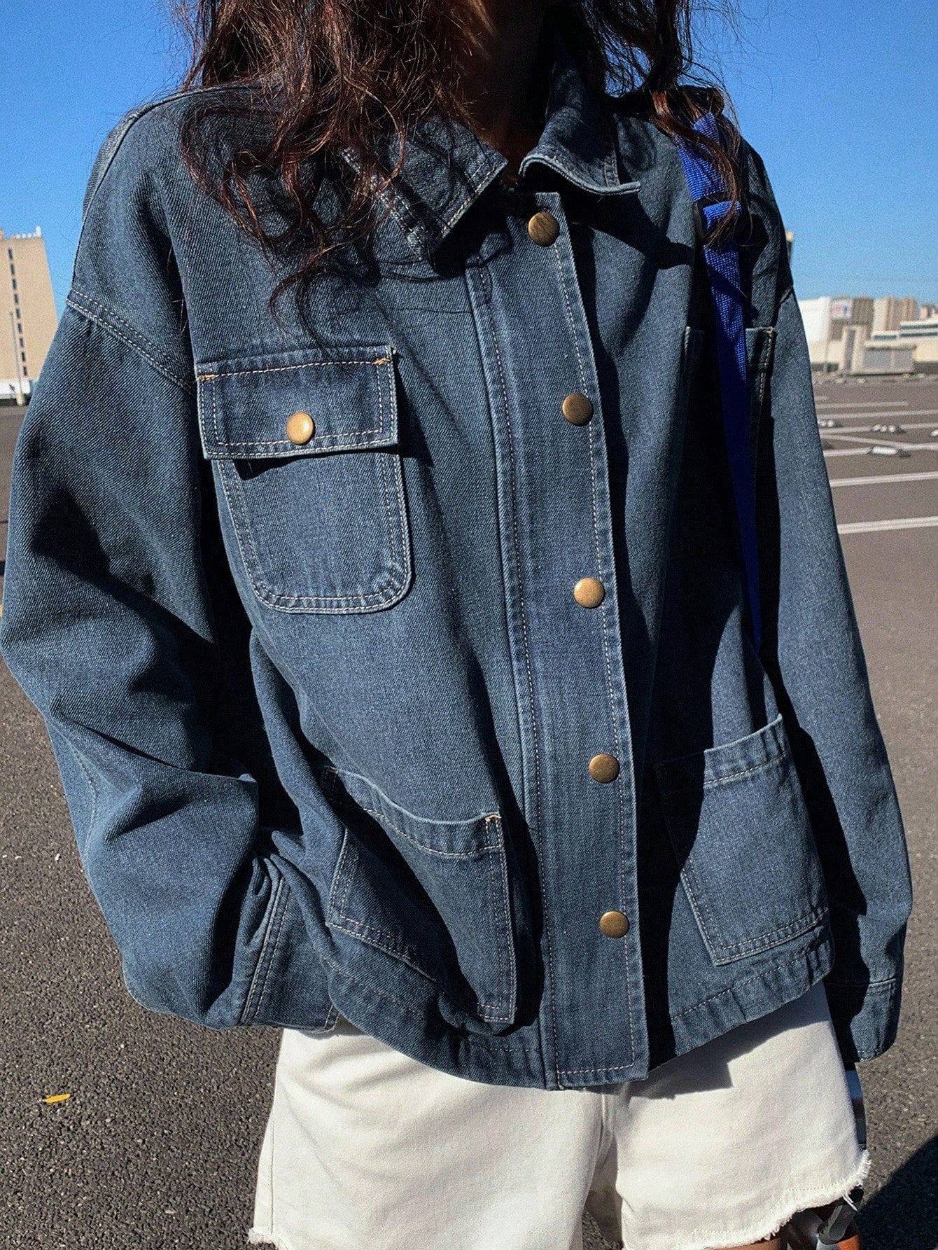 DAZY Women's Loose Fit Denim Jacket With Collar And Large Pockets