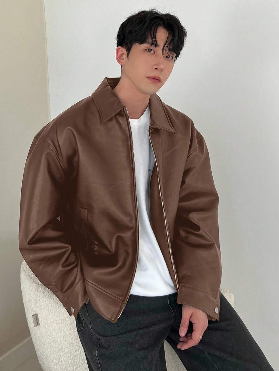 DAZY 1pc Men Plain Black Faux Leather Jacket For Autumn, Grunge