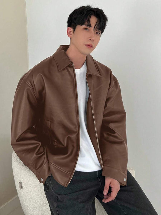 DAZY Men's Solid Coffee Brown Leather Jacket & Coat, Autumn