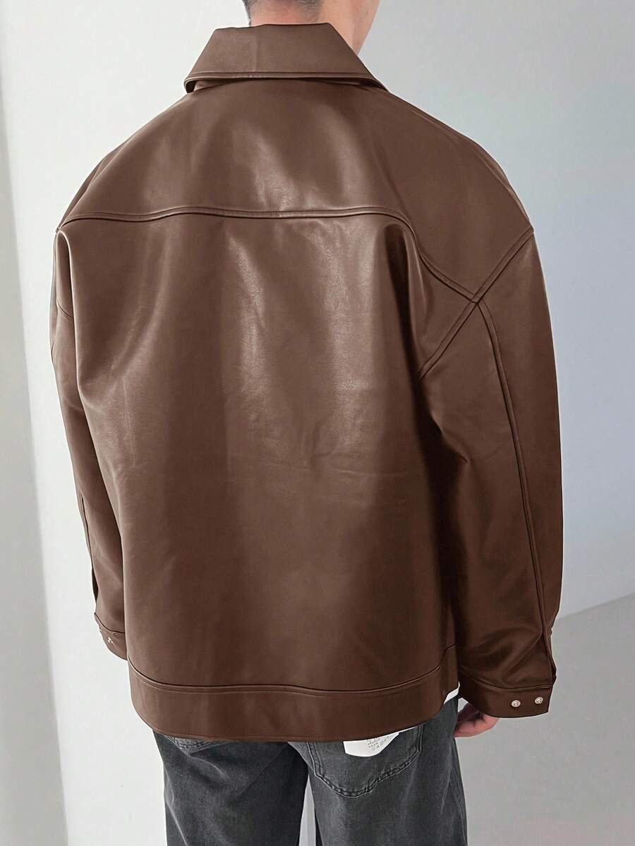DAZY 1pc Men Plain Black Faux Leather Jacket For Autumn, Grunge