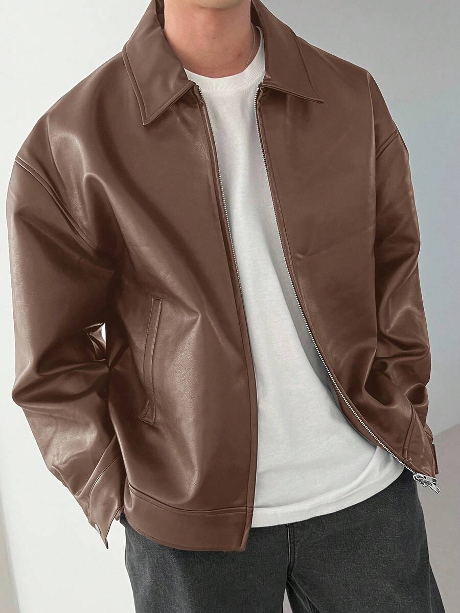 DAZY 1pc Men Plain Black Faux Leather Jacket For Autumn, Grunge