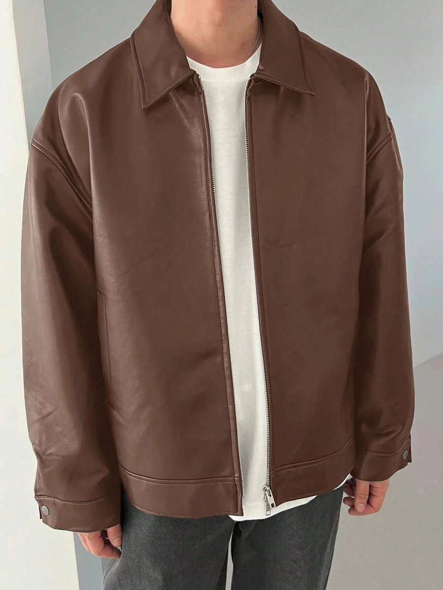 DAZY 1pc Men Plain Black Faux Leather Jacket For Autumn, Grunge