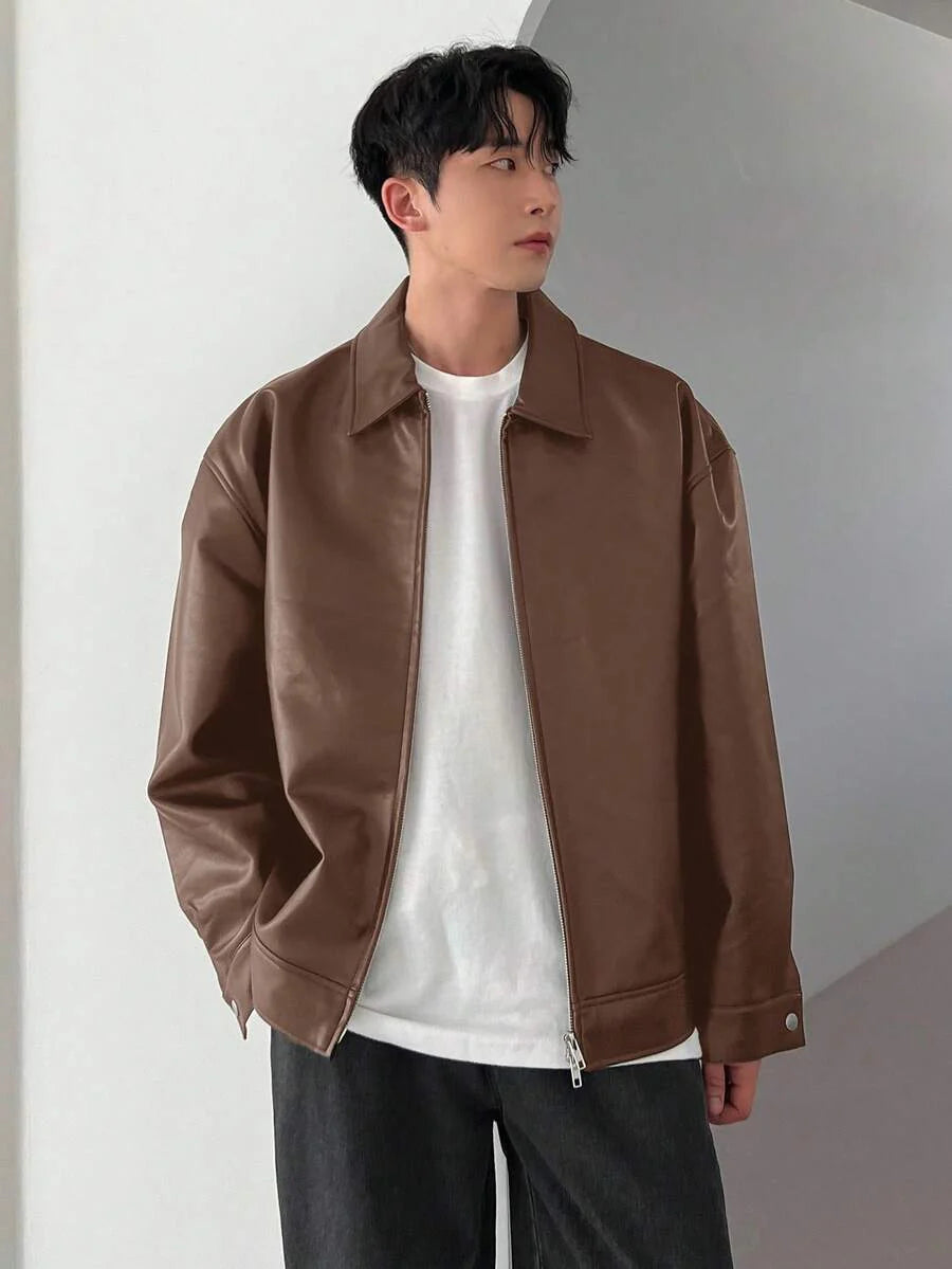 DAZY 1pc Men Plain Black Faux Leather Jacket For Autumn, Grunge