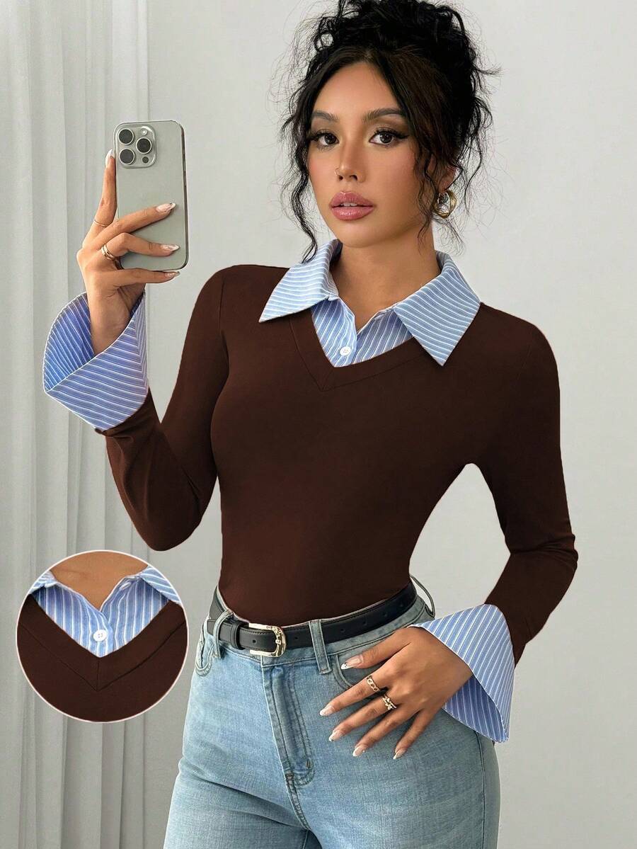 Selianne Elegant Commuter Striped Collared Flared Long Sleeve Knitted T-Shirt For Women