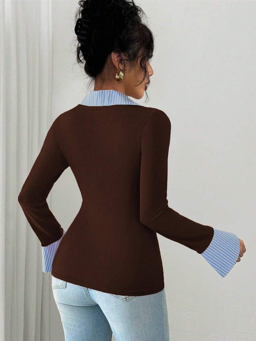 Selianne Elegant Commuter Striped Collared Flared Long Sleeve Knitted T-Shirt For Women