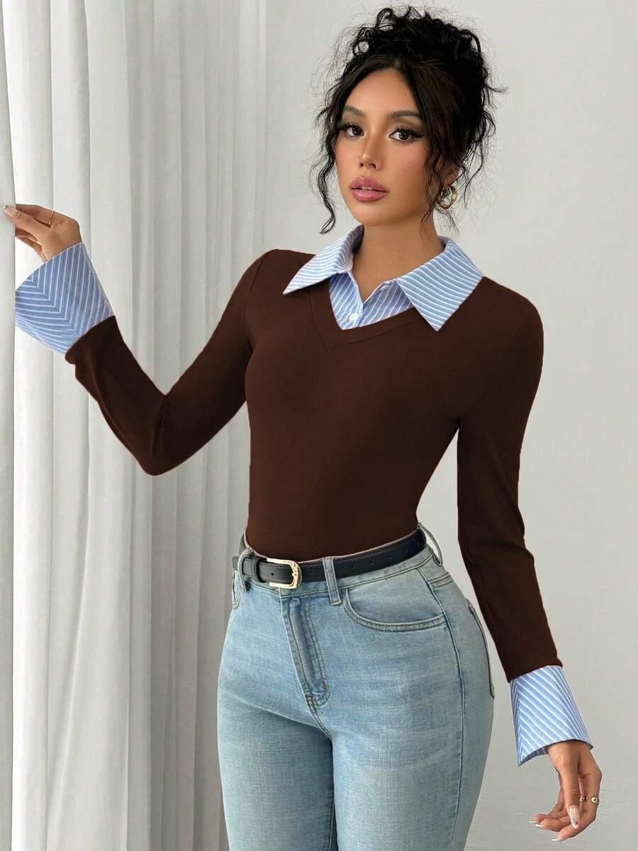 Selianne Elegant Commuter Striped Collared Flared Long Sleeve Knitted T-Shirt For Women