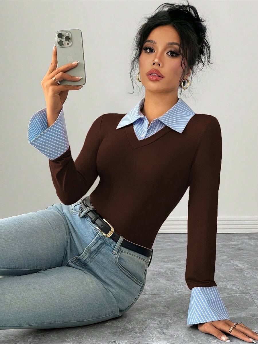 Selianne Elegant Commuter Striped Collared Flared Long Sleeve Knitted T-Shirt For Women
