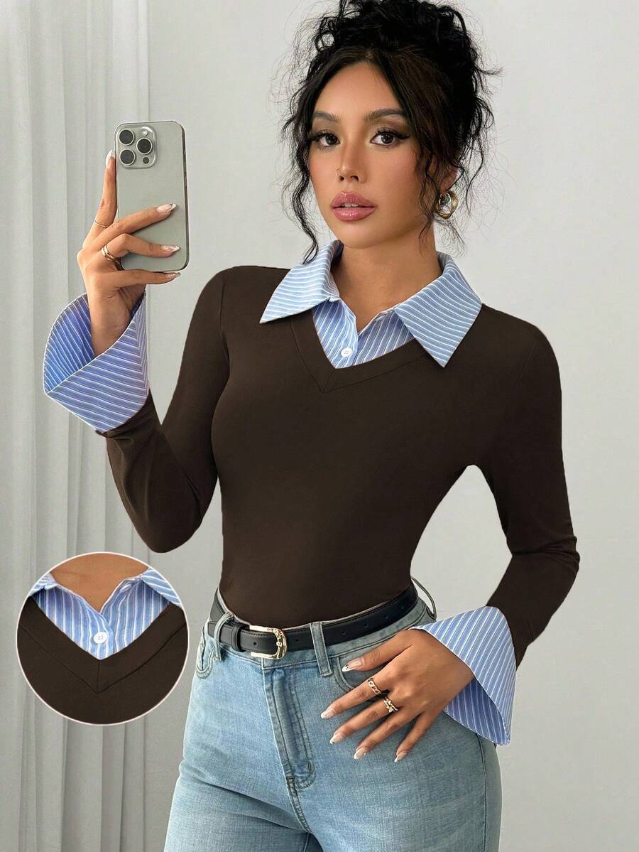 Selianne Elegant Commuter Striped Collared Flared Long Sleeve Knitted T-Shirt For Women
