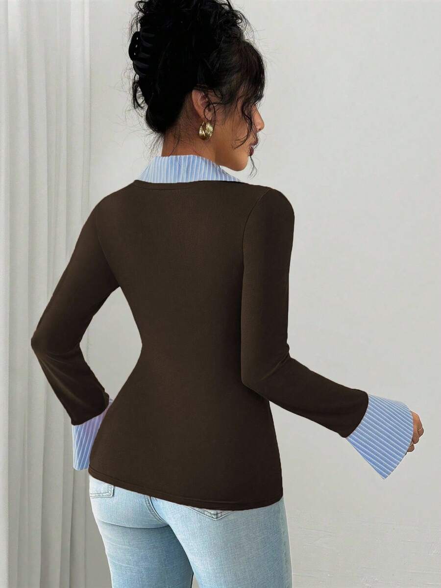 Selianne Elegant Commuter Striped Collared Flared Long Sleeve Knitted T-Shirt For Women