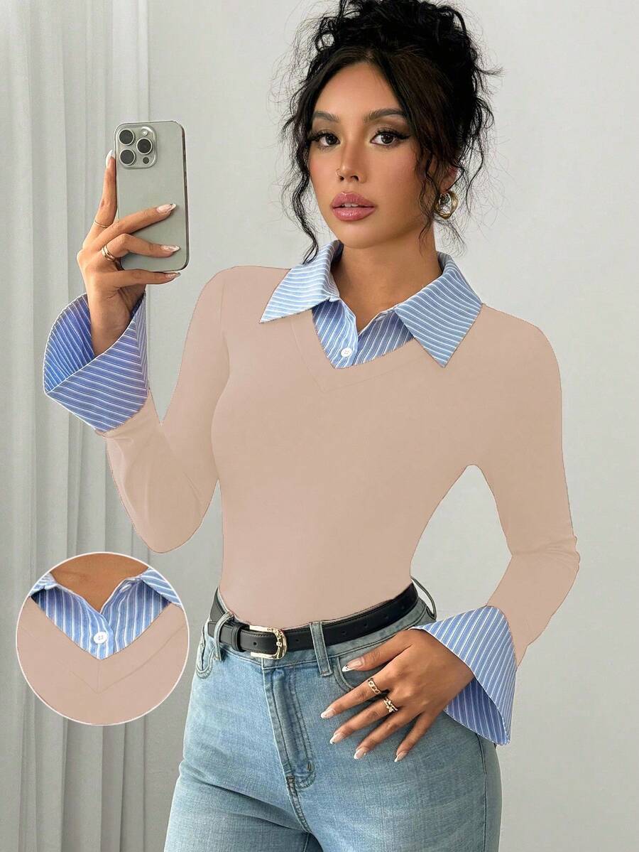 Selianne Elegant Commuter Striped Collared Flared Long Sleeve Knitted T-Shirt For Women