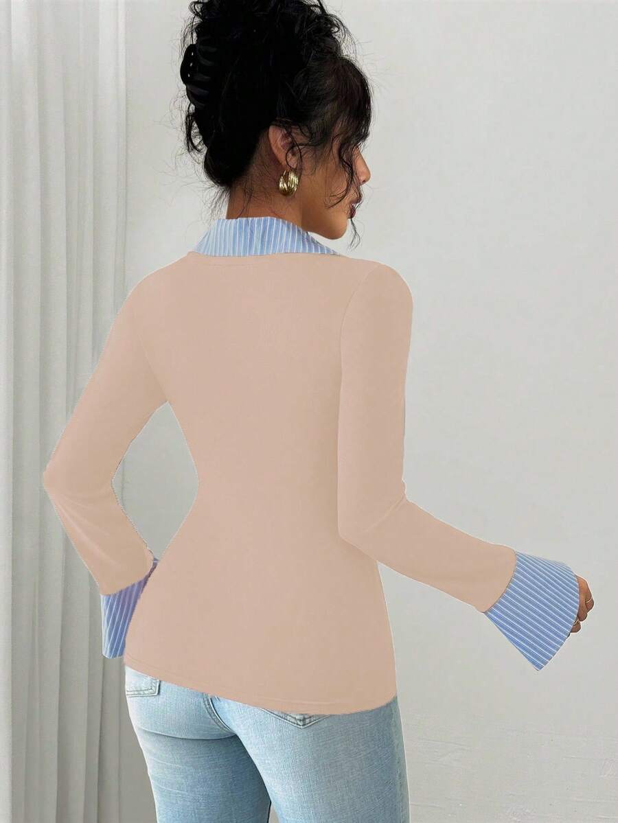 Selianne Elegant Commuter Striped Collared Flared Long Sleeve Knitted T-Shirt For Women