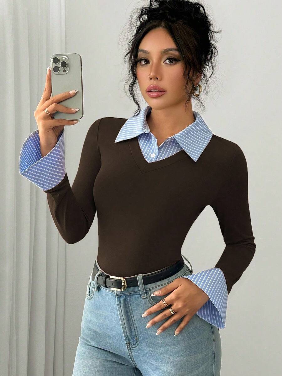 Selianne Elegant Commuter Striped Collared Flared Long Sleeve Knitted T-Shirt For Women