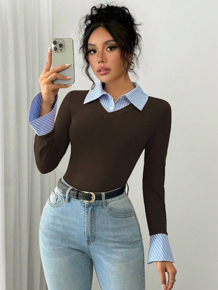 Selianne Elegant Commuter Striped Collared Flared Long Sleeve Knitted T-Shirt For Women