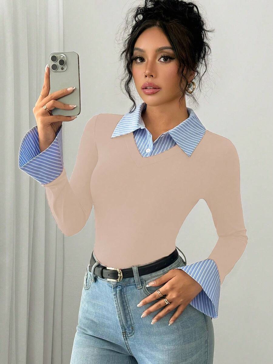 Selianne Elegant Commuter Striped Collared Flared Long Sleeve Knitted T-Shirt For Women