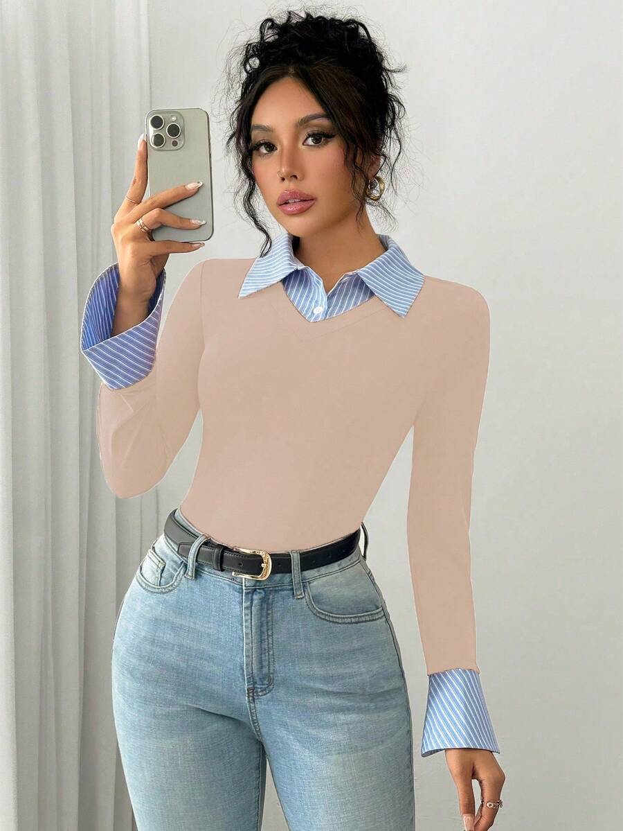 Selianne Elegant Commuter Striped Collared Flared Long Sleeve Knitted T-Shirt For Women
