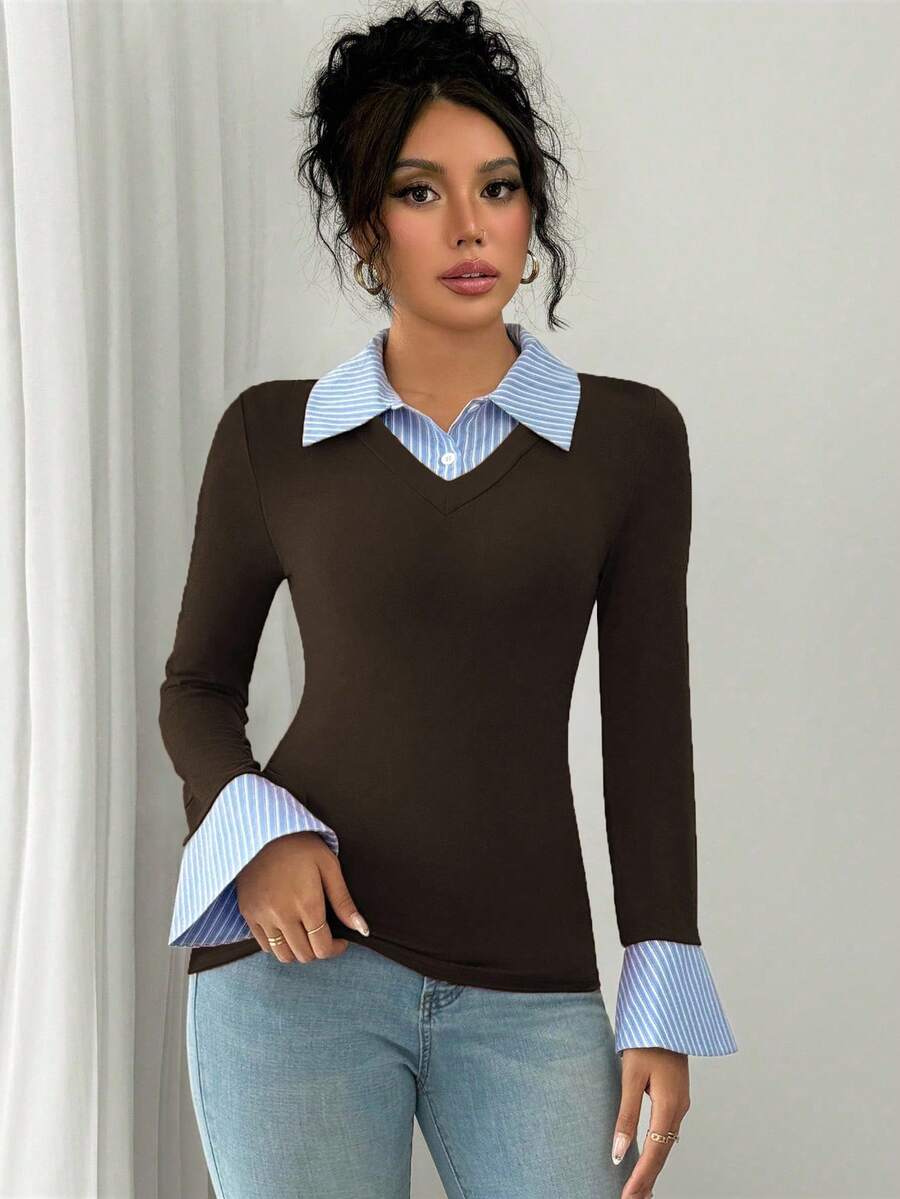 Selianne Elegant Commuter Striped Collared Flared Long Sleeve Knitted T-Shirt For Women