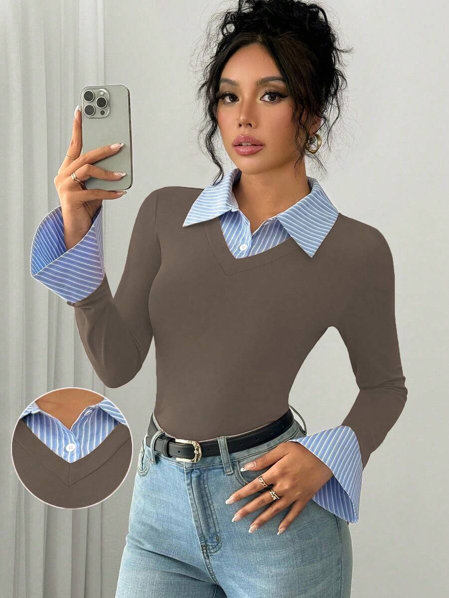 Selianne Elegant Commuter Striped Collared Flared Long Sleeve Knitted T-Shirt For Women