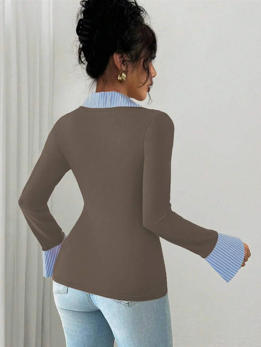 Selianne Elegant Commuter Striped Collared Flared Long Sleeve Knitted T-Shirt For Women