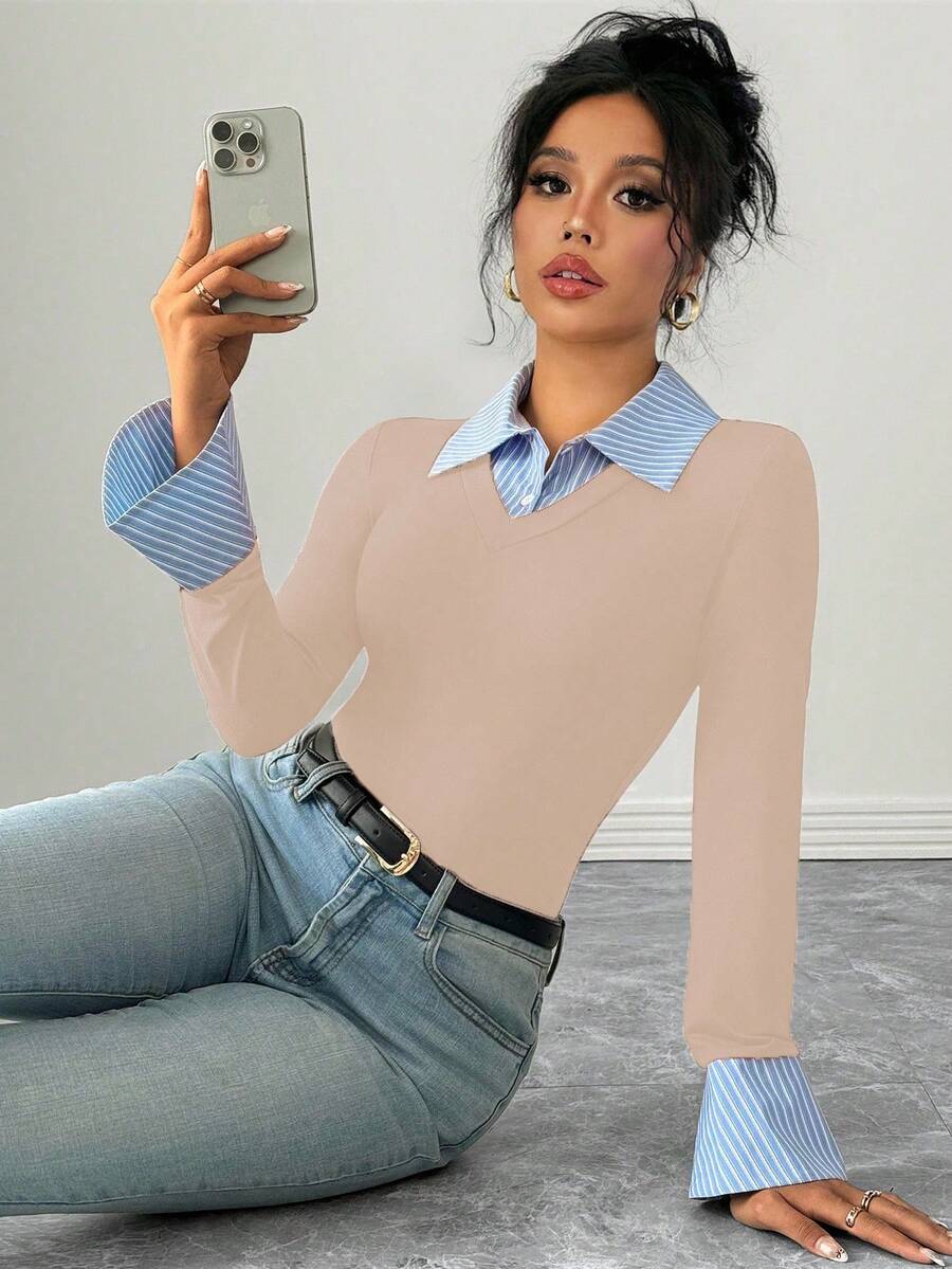 Selianne Elegant Commuter Striped Collared Flared Long Sleeve Knitted T-Shirt For Women