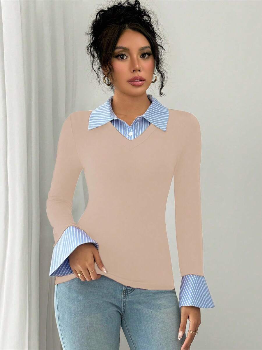 Selianne Elegant Commuter Striped Collared Flared Long Sleeve Knitted T-Shirt For Women