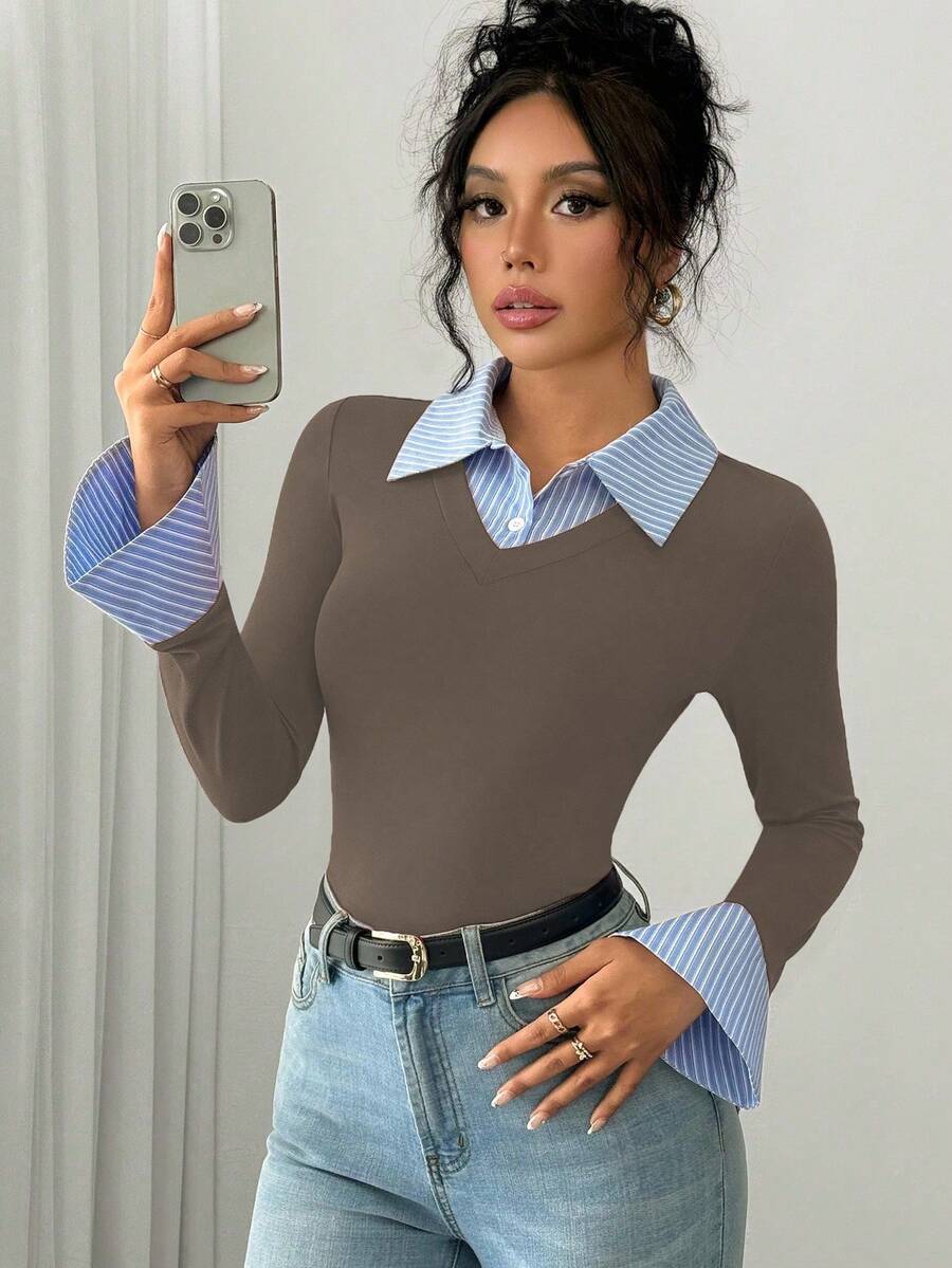 Selianne Elegant Commuter Striped Collared Flared Long Sleeve Knitted T-Shirt For Women
