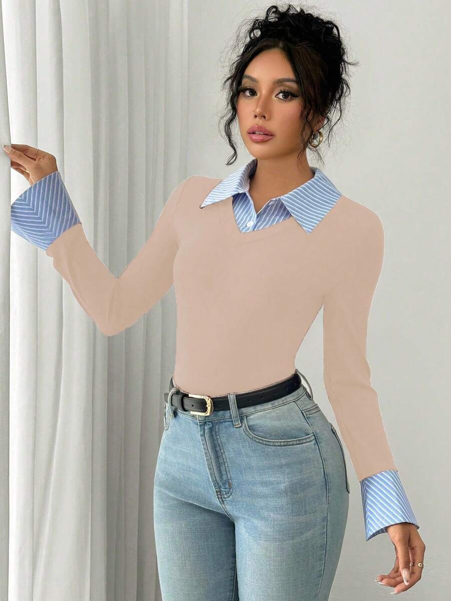 Selianne Elegant Commuter Striped Collared Flared Long Sleeve Knitted T-Shirt For Women