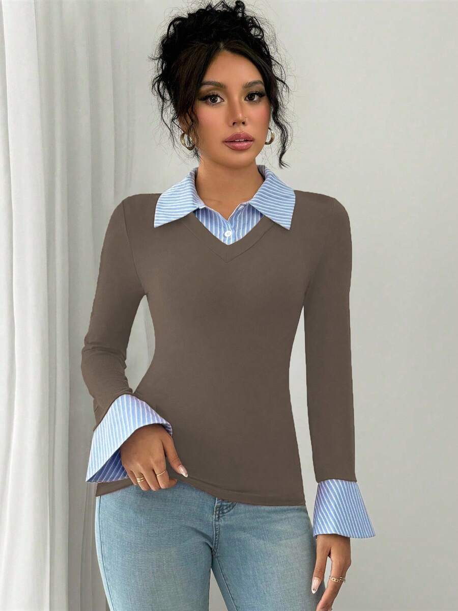 Selianne Elegant Commuter Striped Collared Flared Long Sleeve Knitted T-Shirt For Women