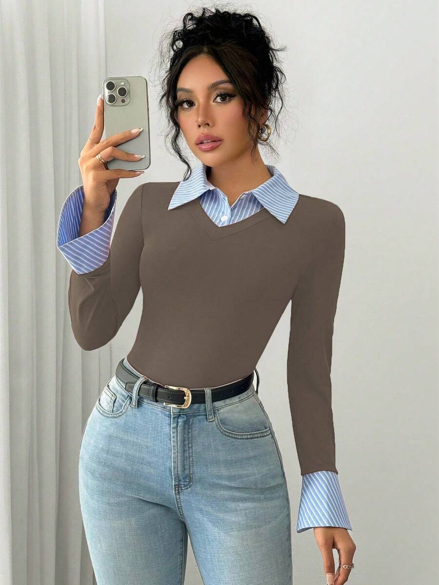 Selianne Elegant Commuter Striped Collared Flared Long Sleeve Knitted T-Shirt For Women