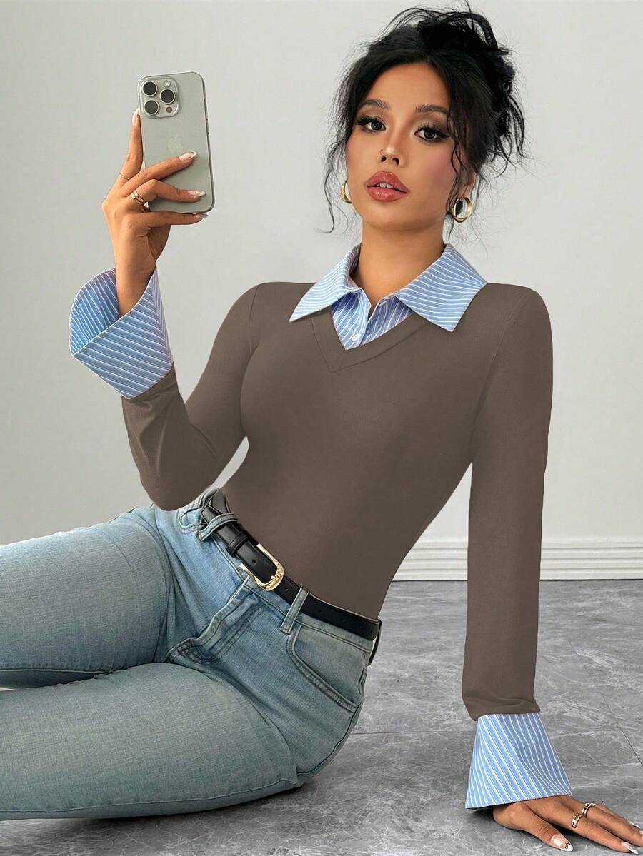 Selianne Elegant Commuter Striped Collared Flared Long Sleeve Knitted T-Shirt For Women