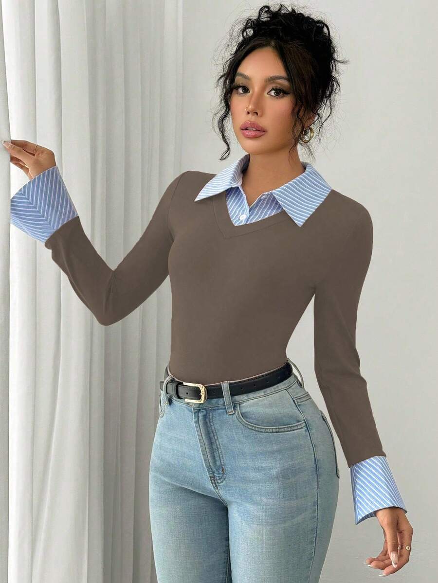 Selianne Elegant Commuter Striped Collared Flared Long Sleeve Knitted T-Shirt For Women