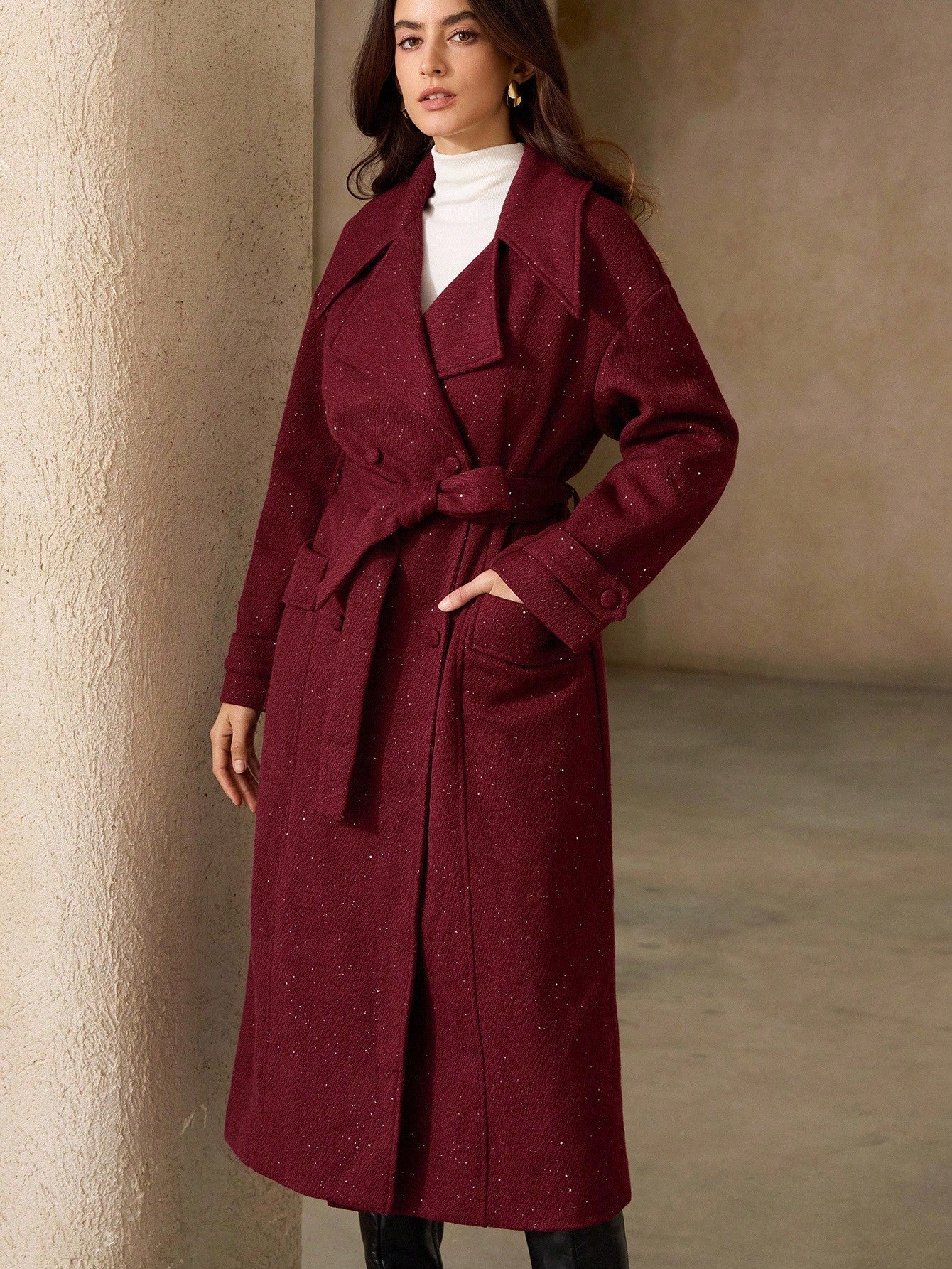 Aveloria Rosie Vintage High-End French Style Lapel Wool Belted Long Coat For Women