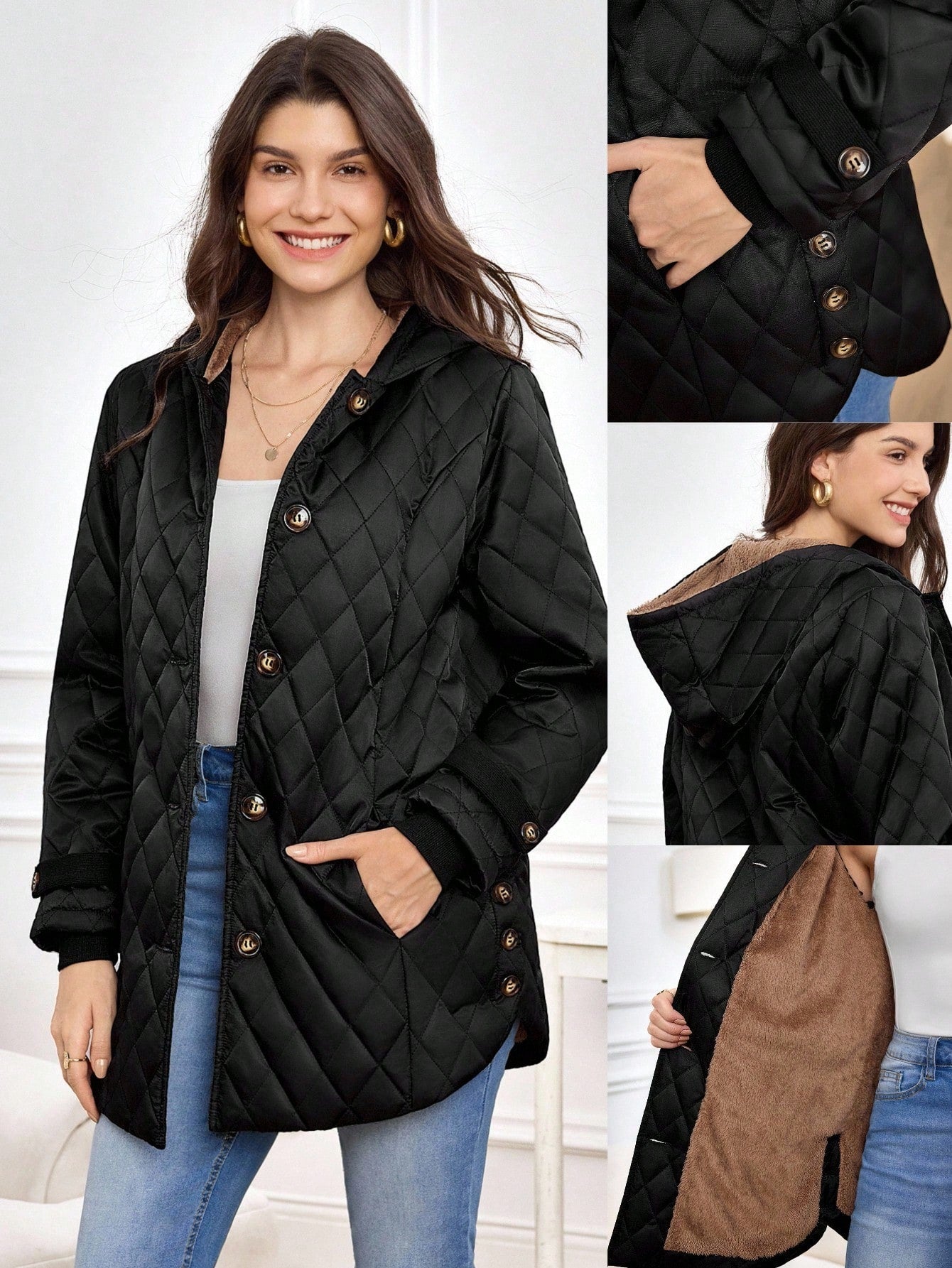 Miaspire Women's Winter Coat, Velvet Warm Hooded Elegant Jacket, Threaded Cuffs, Women's All-Match Black Jacket, Brown Velvet Lining,Zip Up Hoodie For Women, Winter Clothes For Women