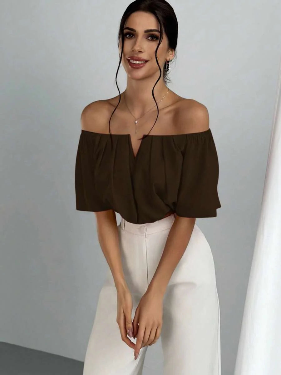 Aloruh Solid Color V-Neck Off Shoulder Casual Top