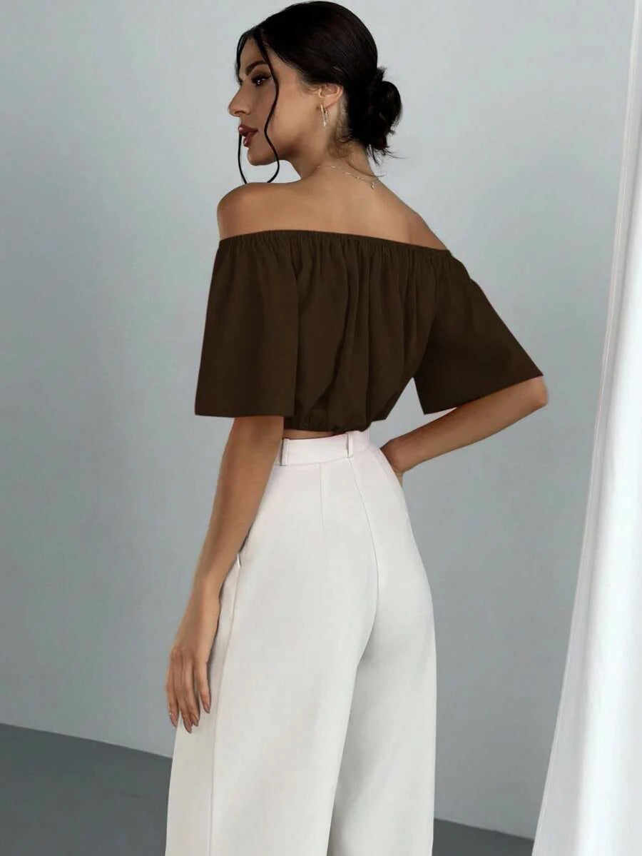 Aloruh Solid Color V-Neck Off Shoulder Casual Top